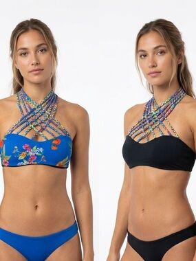 San Lorenzo Reversible Floral Braided Cage Bikini Top Size Small
